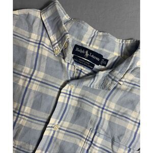 Vintage Ralph Lauren Marlowe Shirt Mens XL Blue Tartan Linen Blend